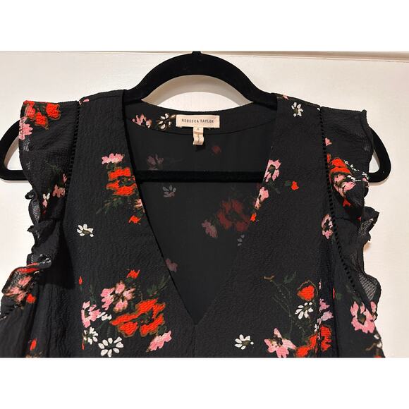 Rebecca Taylor Marguerite Black Floral Silk Top Size US XS 2 (EU 6) EUC Ruffles - Picture 4 of 11